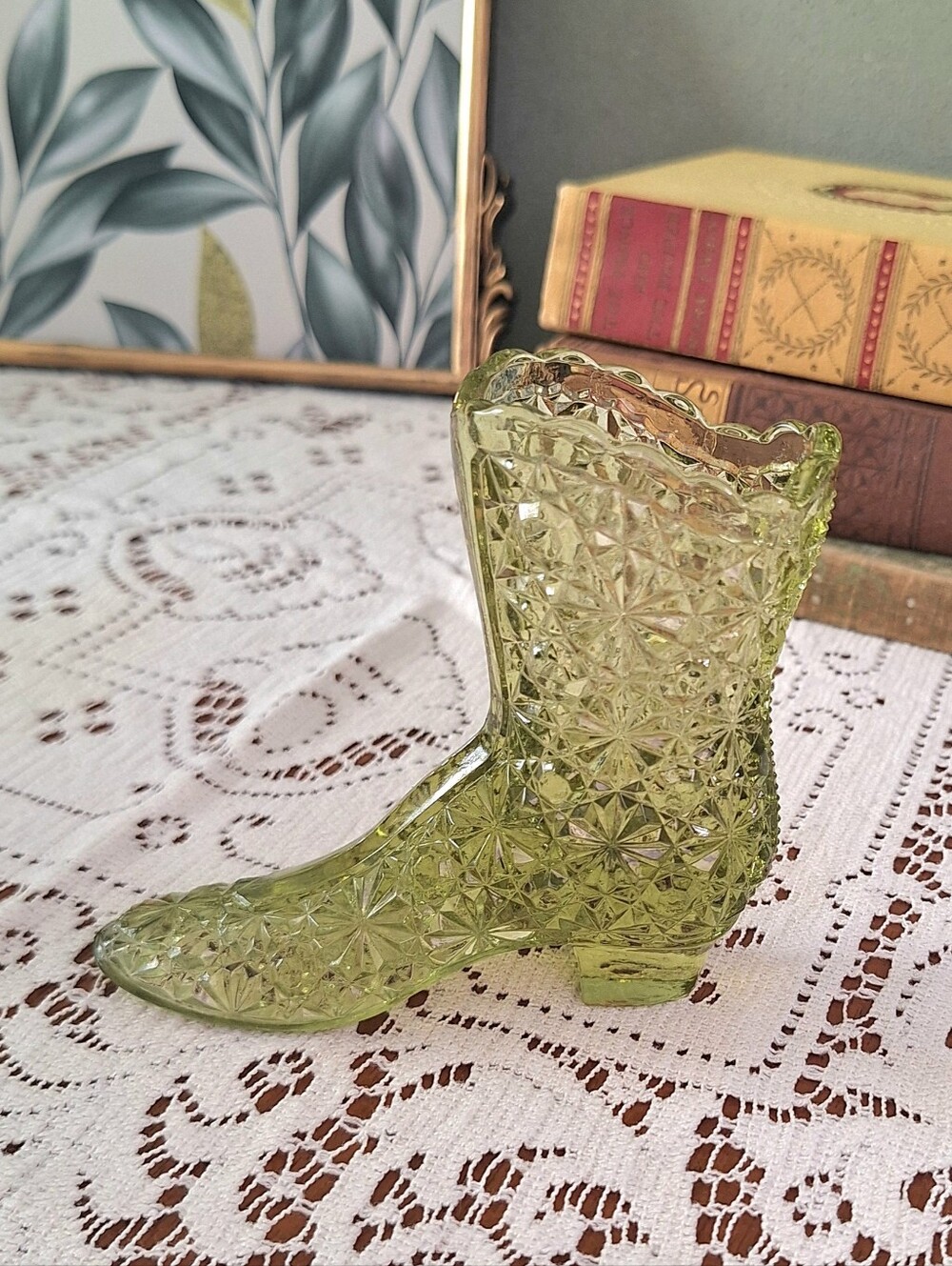 Green Fenton Victorian Boot Shoe In Daisy & Button Pattern